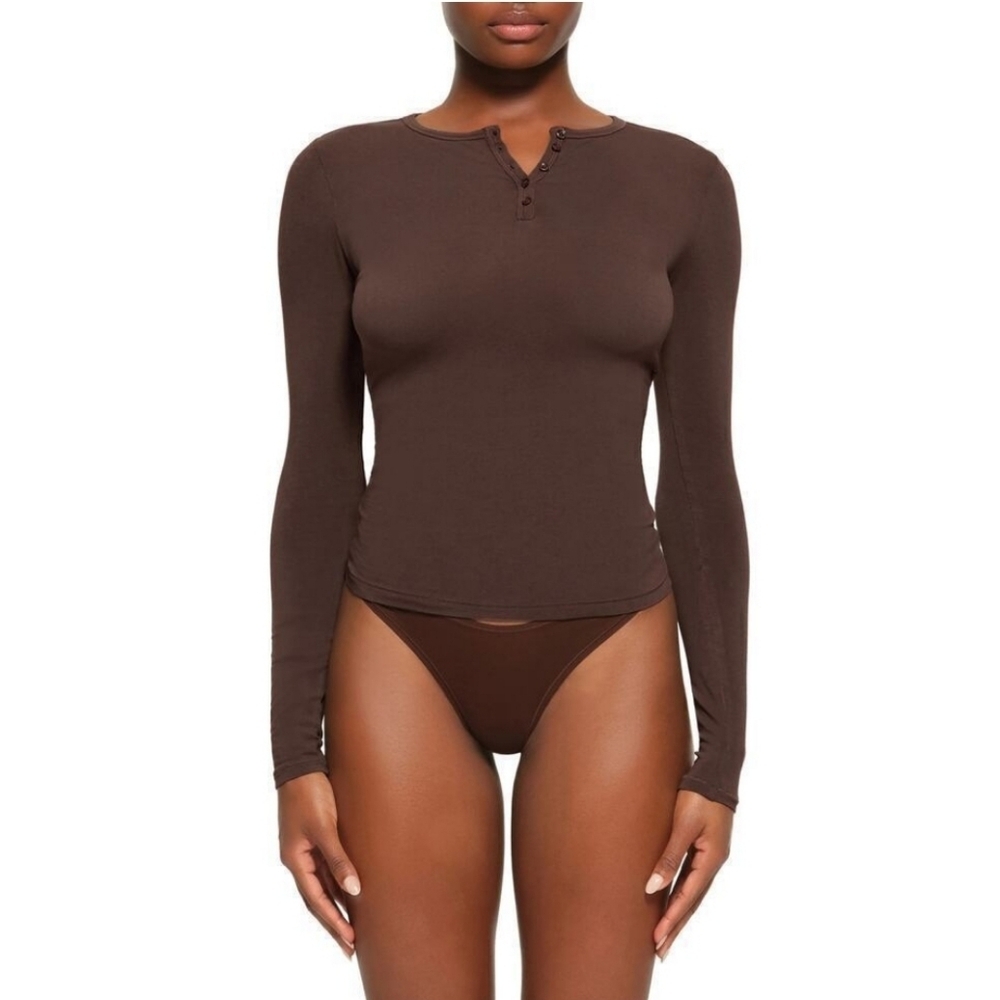 SKIMS Brown Long Sleeve Henley Top